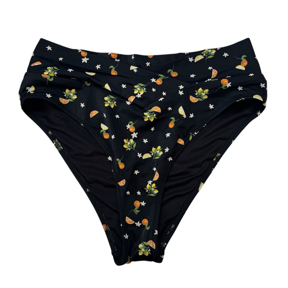 VICTORIAS SECRET PINK Lemon Orange Black Swim Bottom Size Large Bikini V-front